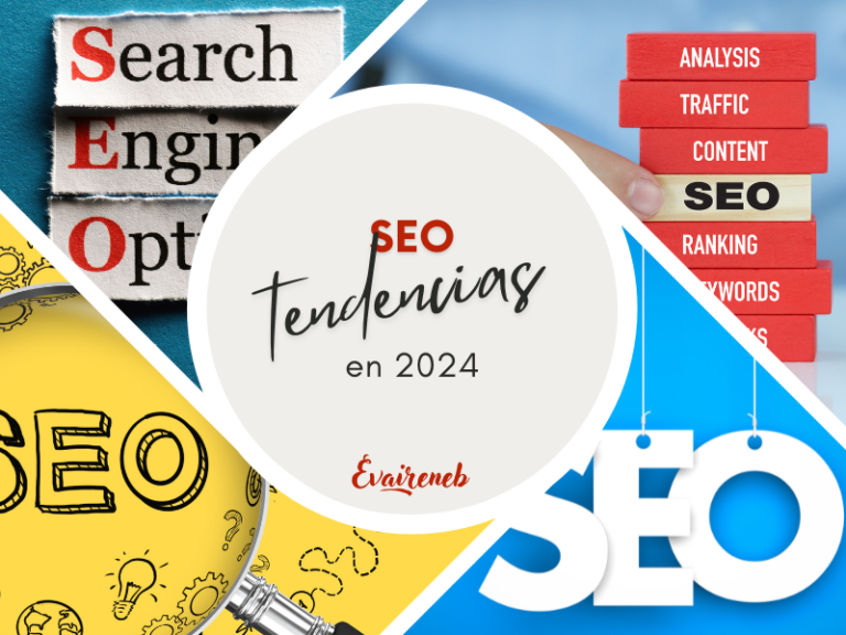 Imagen de portada de un artículo del blog. Se compone de un círculo blanco en el centro donde aparece el título del post: "Seo Tendencias en 2024" con dos colores y tres tipografías diferentes. Del círculo emergen 4 líneas blancas diagonales que llegan hasta el borde de la imagen formando cuatro espacios apartados. En cada uno de ellos aparece una imagen. todas relacionadas con el SEO.