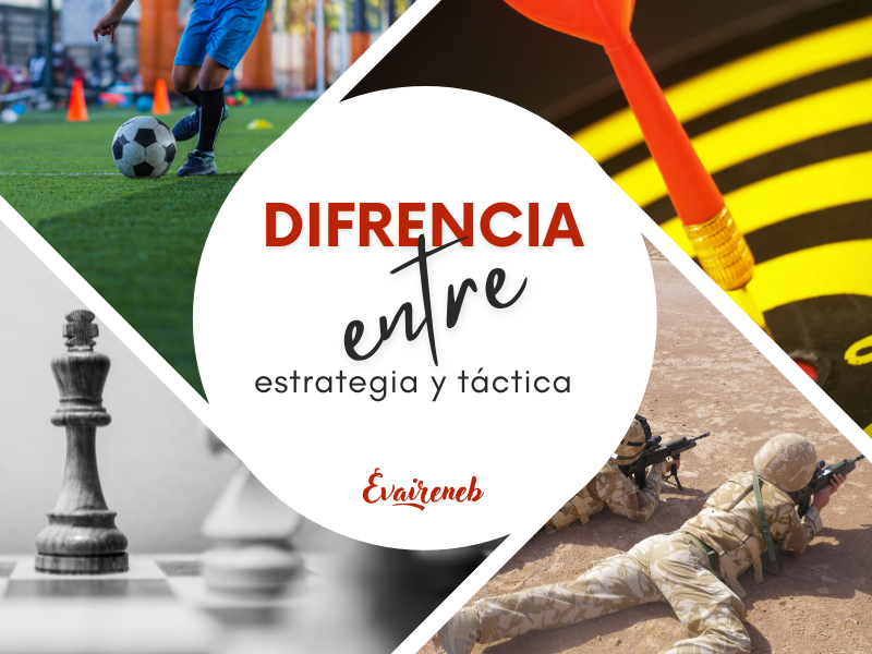 Imagen de portada de un artículo del blog. Se compone de un círculo blanco en el centro donde aparece el título del post: "Diferencia entre estrategia y táctica" con dos colores y tres tipografías diferentes. Del círculo emergen 4 líneas blancas diagonales que llegan hasta el borde de la imagen formando cuatro espacios apartados. En cada uno de ellos aparece una imagen. todas relacionadas con estrategia y/o táctica.