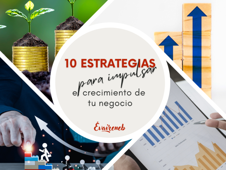 Imagen de portada de un artículo del blog. Se compone de un círculo beige sobre un círculo blanco con un diámetro más grande en el centro donde aparece el título del post: "10 Estrategias Digitales para Impulsar el Crecimiento de Tu Negocio en 2024" con dos colores y tres tipografías diferentes. Del círculo emergen 4 líneas blancas diagonales que llegan hasta el borde de la imagen formando cuatro espacios apartados. En cada uno de ellos aparece una imagen. todas relacionadas con el dinero, la evolución y estadísticas positivas.