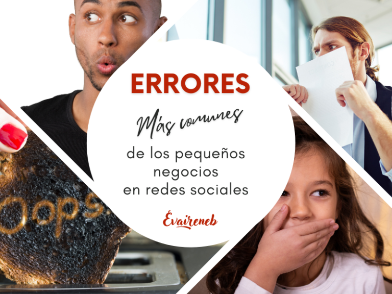 Imagen de portada de un artículo del blog. Se compone de un círculo blanco en el centro donde aparece el título del post: "10 errores más comunes en redes sociales de los pequeños negocios" con dos colores y tres tipografías diferentes. Del círculo emergen 4 líneas blancas diagonales que llegan hasta el borde de la imagen formando cuatro espacios apartados. En cada uno de ellos aparece una imagen relacionada con expresiones humanas indicando descuido entre otras.