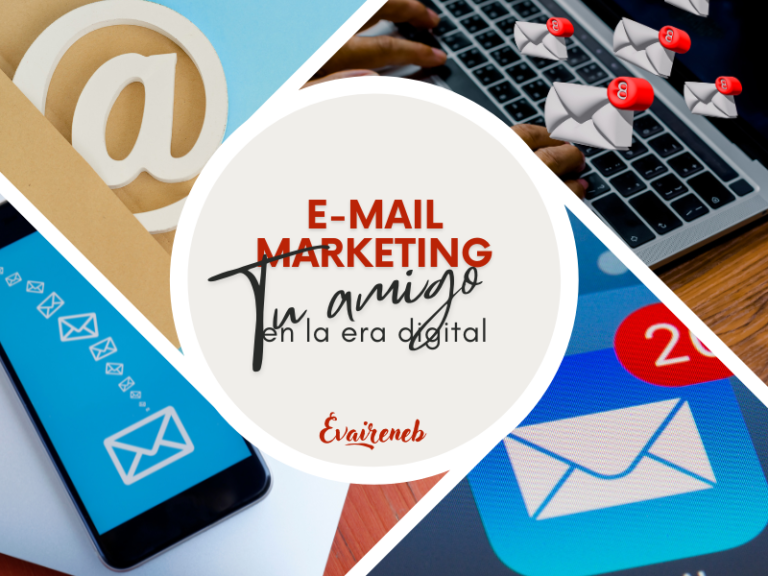 Imagen de portada de un artículo del blog. Se compone de un círculo blanco en el centro donde aparece el título del post: "Email marketing: tu amigo en la era digital" con dos colores y tres tipografías diferentes. Del círculo emergen 4 líneas blancas diagonales que llegan hasta el borde de la imagen formando cuatro espacios apartados. En cada uno de ellos aparece una imagen. todas relacionadas con el email marketing